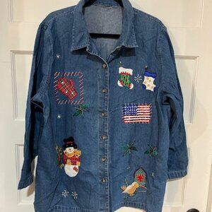 Casey & Max Christmas Denim Embroidered Button Up Shirt, Size XL